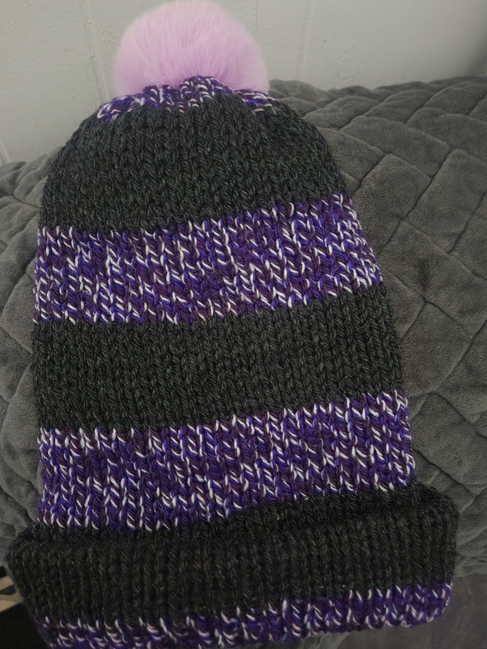 BRAND NEW! Hand Knitted Cozy Knit Pom Beanie - Black & Purple